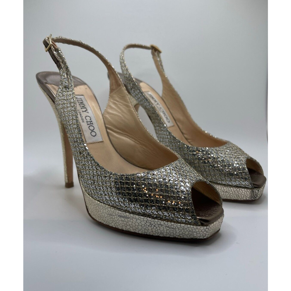 Jimmy Choo 36.5 / 6.5 Heels Peeptoe Nova Glitter Champagne Pumps Slingback + BOX - Picture 5 of 15